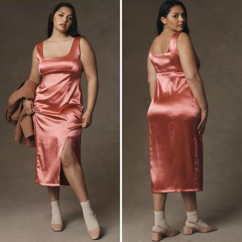 NWT Anthropologie Maeve Square-Neck Satin Stretch Midi Dress | 3X